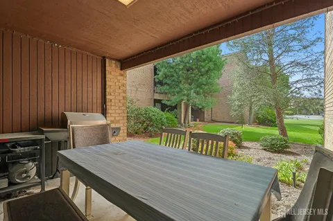a view of a patio with couple of chairs and a potted plant