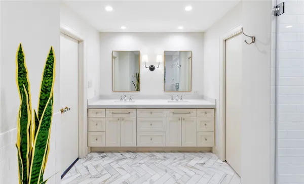 a bathroom with a tub a potted plant and a sink