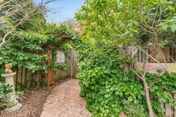a view of yard with large trees and plants
