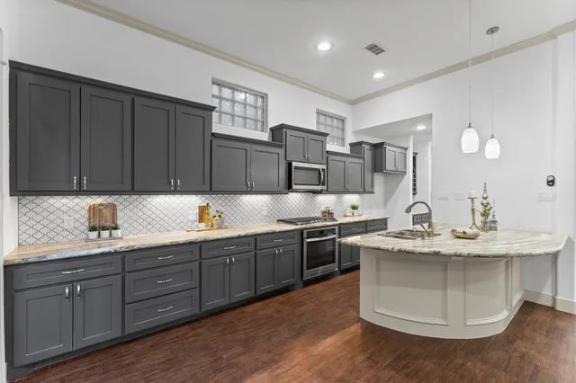 a kitchen with lots of counter top space