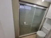 a bathroom with a shower and toilet