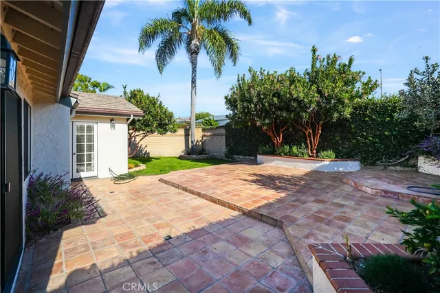 a view of a backyard with potted plants