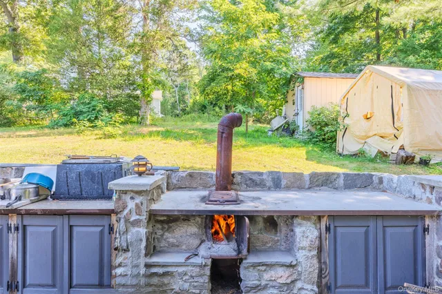 an aerial view of a house with a yard and large trees