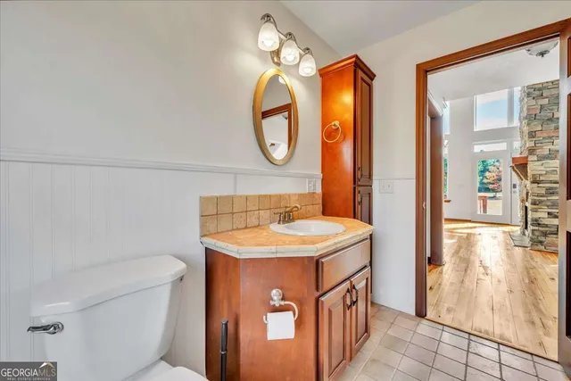 a bathroom with a sink a toilet and a mirror