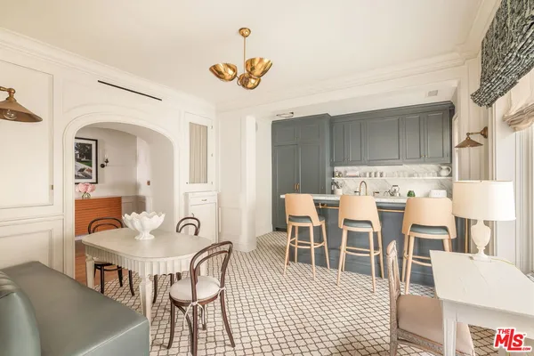 a view of a dining room with furniture
