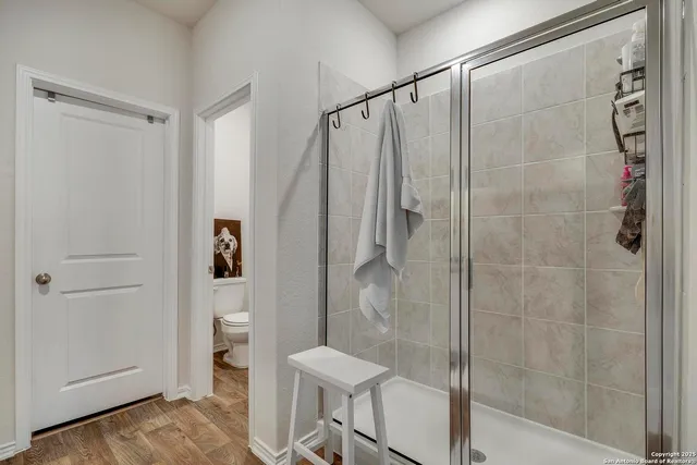 a bathroom with a shower and a toilet