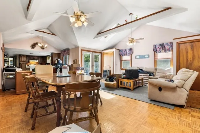 a view of a dining room with furniture