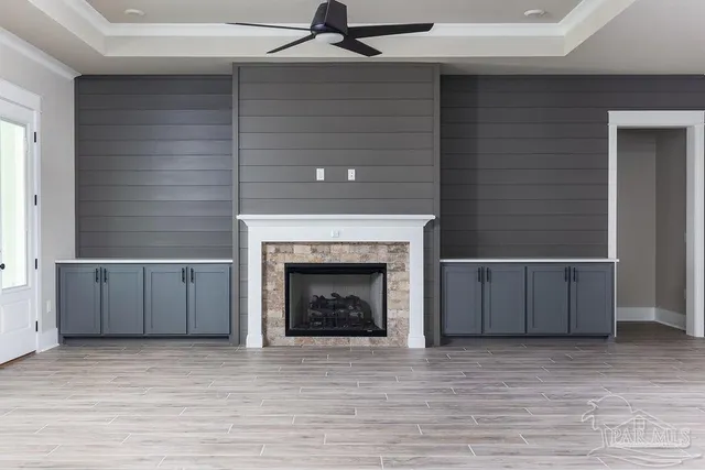 a living room with a fireplace