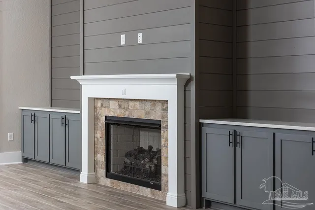 a room with a fireplace