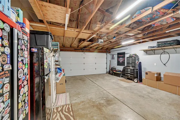 a view of a garage with storage