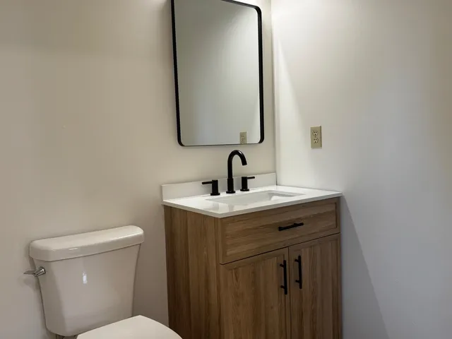 a bathroom with a toilet a sink and mirror