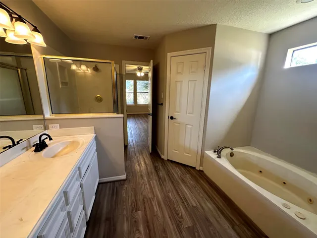 a bathroom with a tub sink and mirror