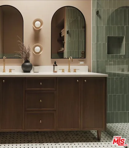 a bathroom with a double vanity sink and a mirror