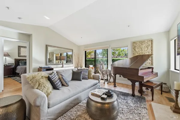 a living room with furniture and a potted plant