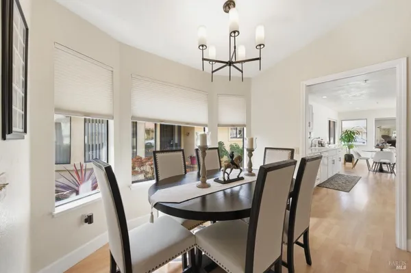 a view of a dining room with furniture