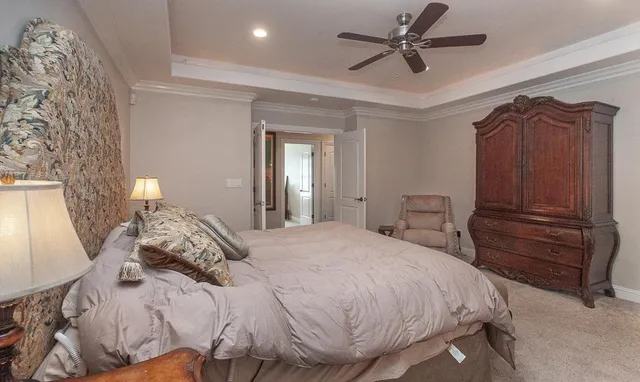 a bedroom with a bed and a chandelier fan