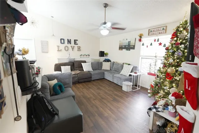 a living room with furniture or wooden floor and a potted plant