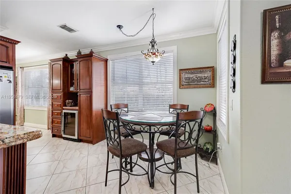 a view of a dining room with furniture and window