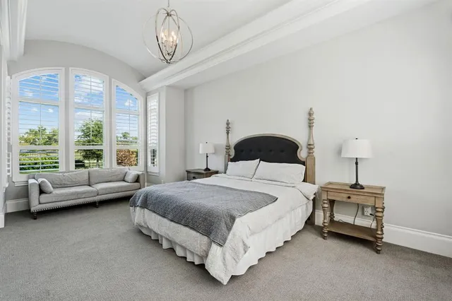 a bedroom with a bed a chandelier and a couch