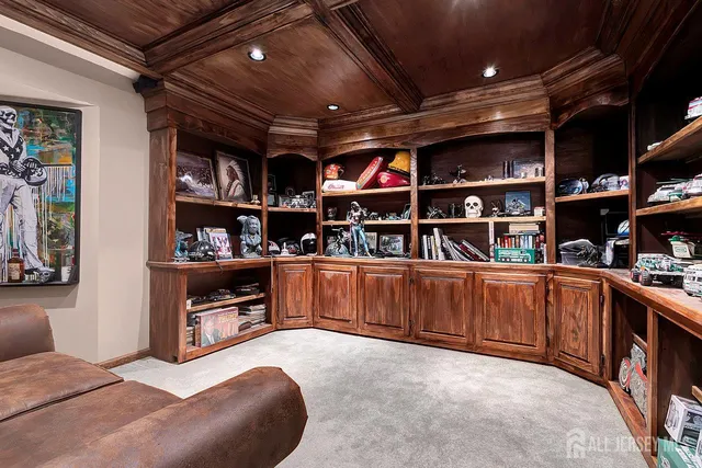 a view of an empty room with storage