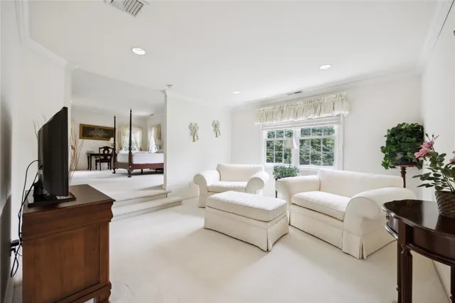 a spacious bedroom with a bed and a potted plant