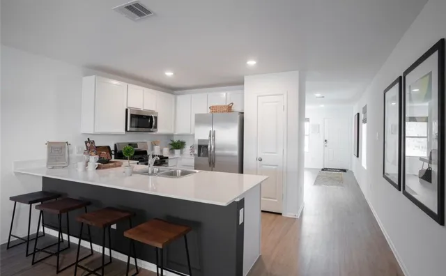 a kitchen with appliances a sink a counter top space and cabinets