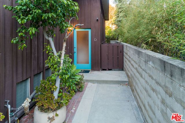 a view of small garden with statue