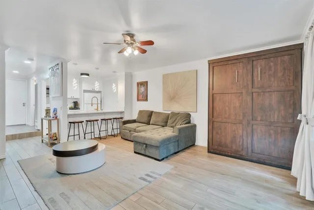 a living room with furniture and a potted plant