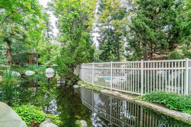 a small pool with outdoor seating and trees