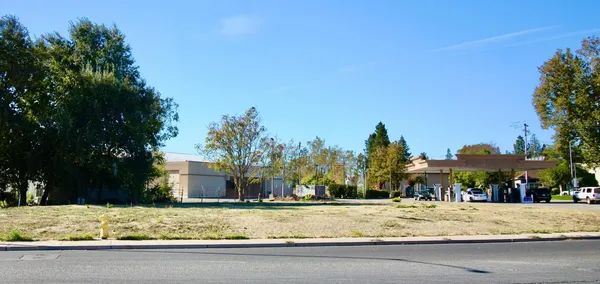 a view of a yard with a house in the background