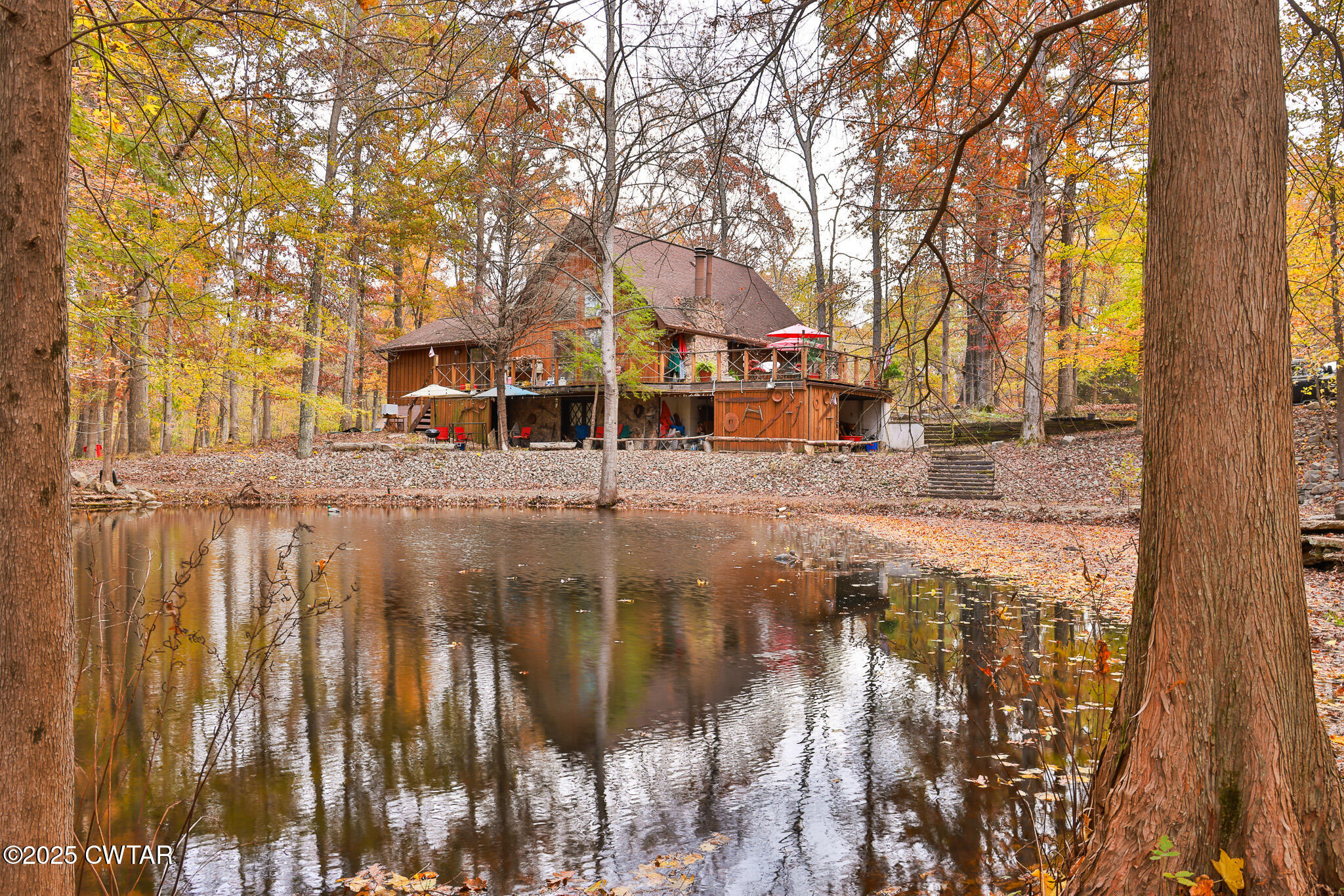 a view of a large building with large trees