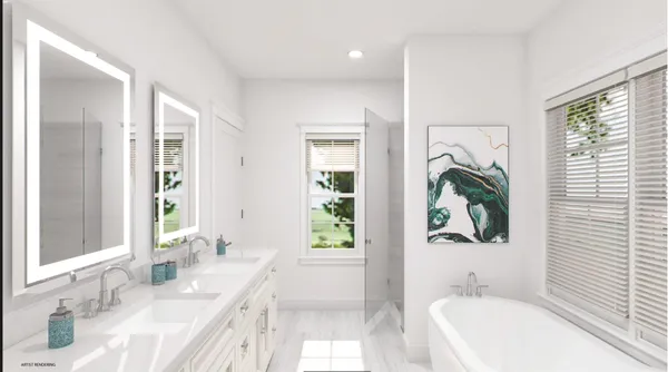 a bathroom with a granite countertop sink and a large mirror