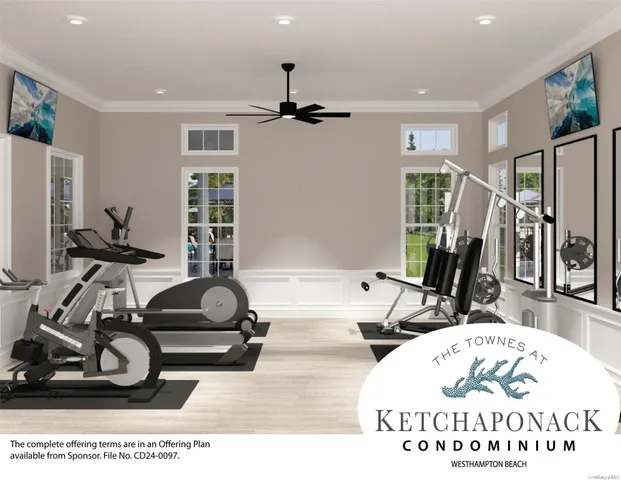 a room with gym equipment and a large window