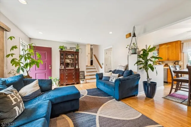 a living room with furniture potted plant and a wooden floor
