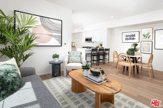 a living room with furniture a wooden floor and a potted plant