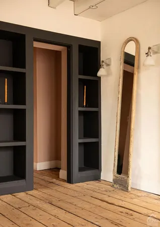 a view of a closet area with wooden floor