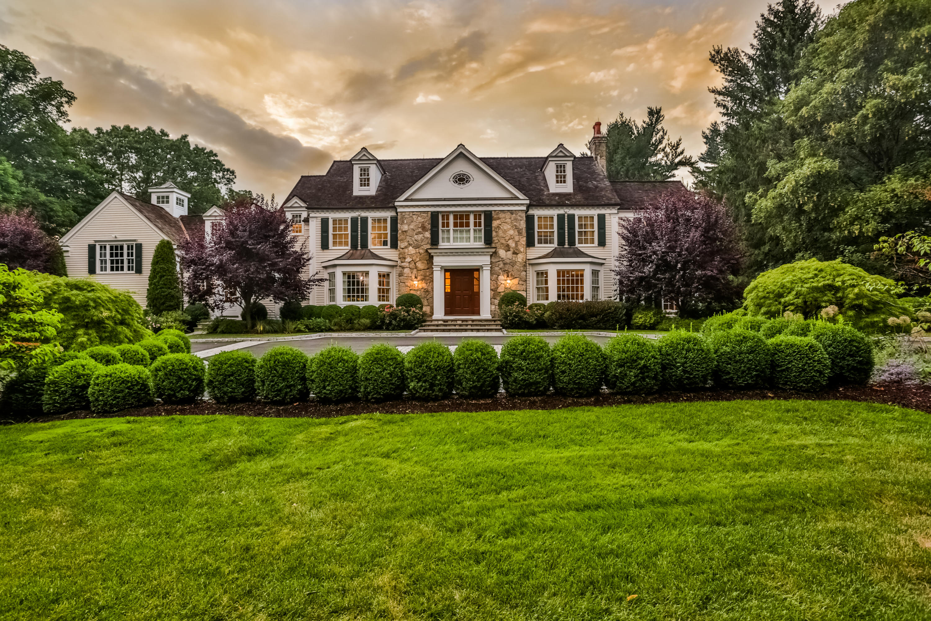 a front view of a house with a yard and green space