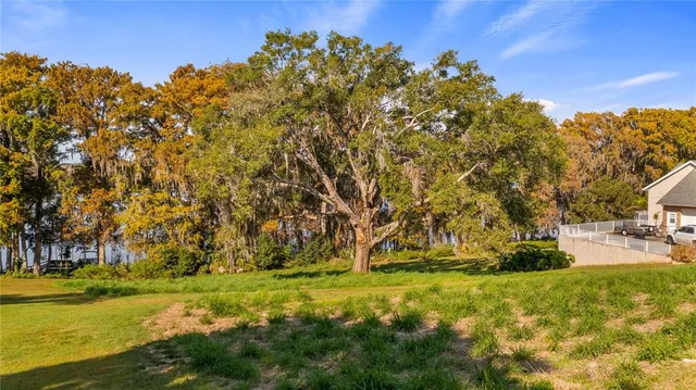 a view of a yard with yellow house
