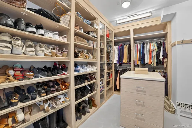a view of walk in closet with clothes and shoes