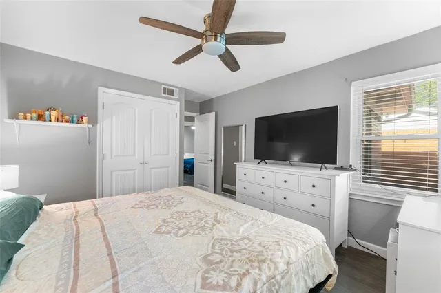 a bedroom with a large bed and a flat screen tv