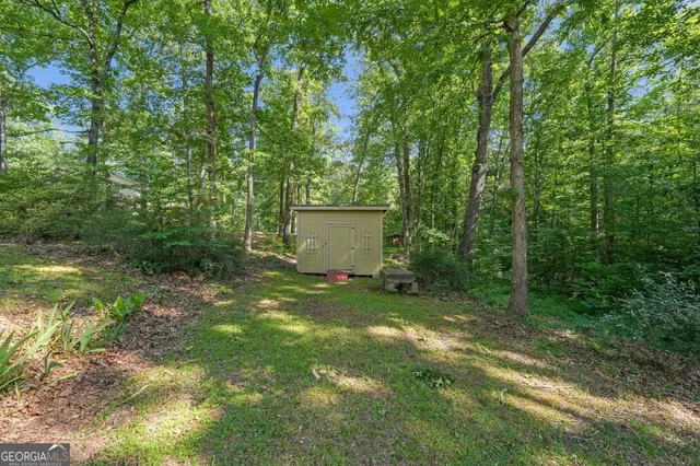 a view of a backyard with a plants and trees