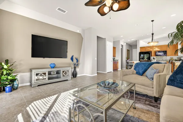 a living room with furniture a dining table and a potted plant