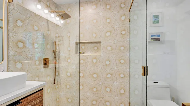 a bathroom with a bathtub and a sink