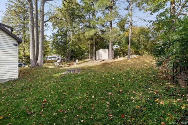 a backyard of a house with table and chairs