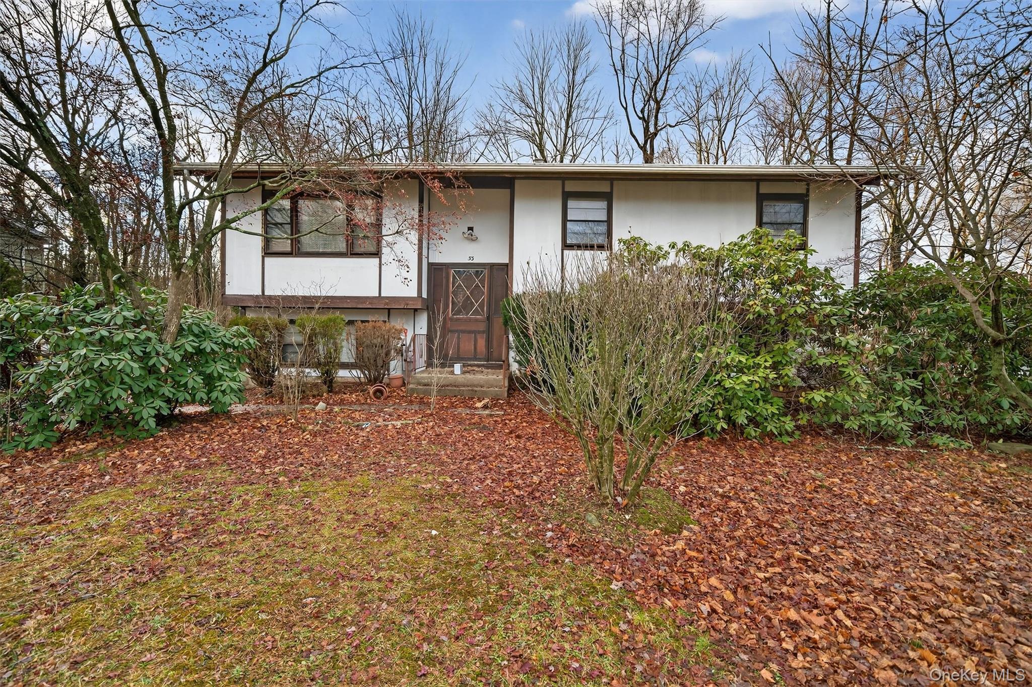 Split foyer home with stucco siding