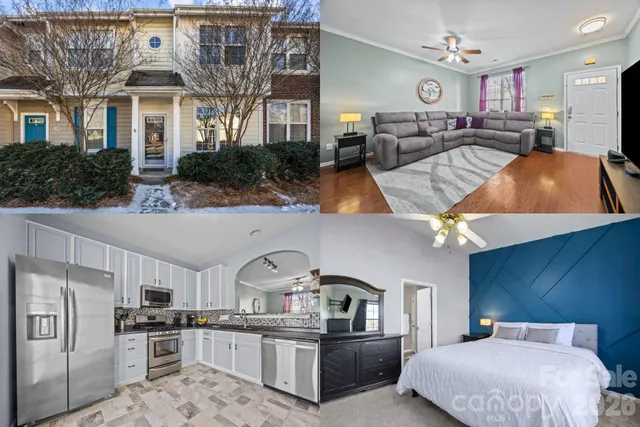 a kitchen with stainless steel appliances granite countertop a sink dishwasher stove and refrigerator with wooden floor