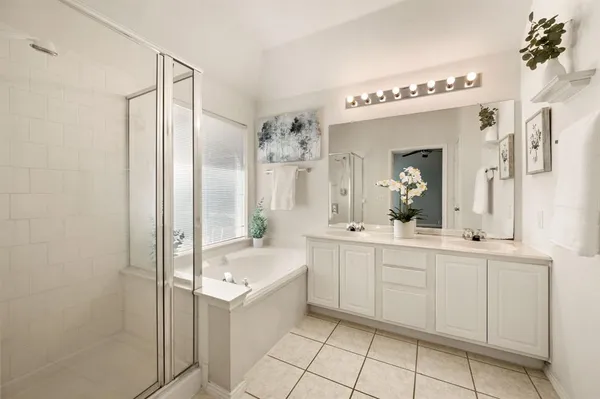 a bathroom with a double vanity sink mirror and shower