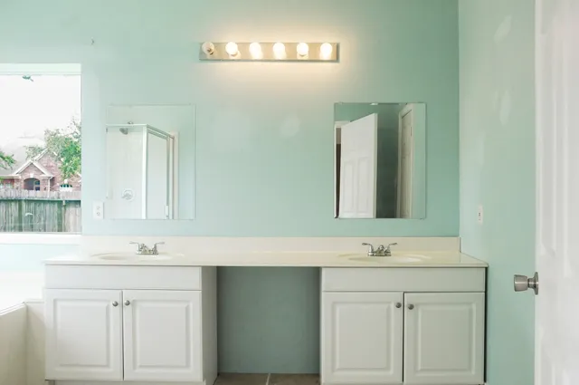 a bathroom with a sink vanity and a mirror