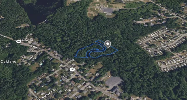 an aerial view of a house with a yard and parking space