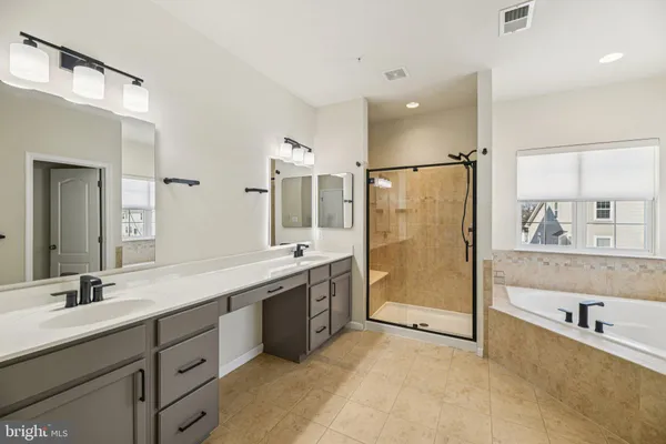 a bathroom with a tub sink shower and mirror